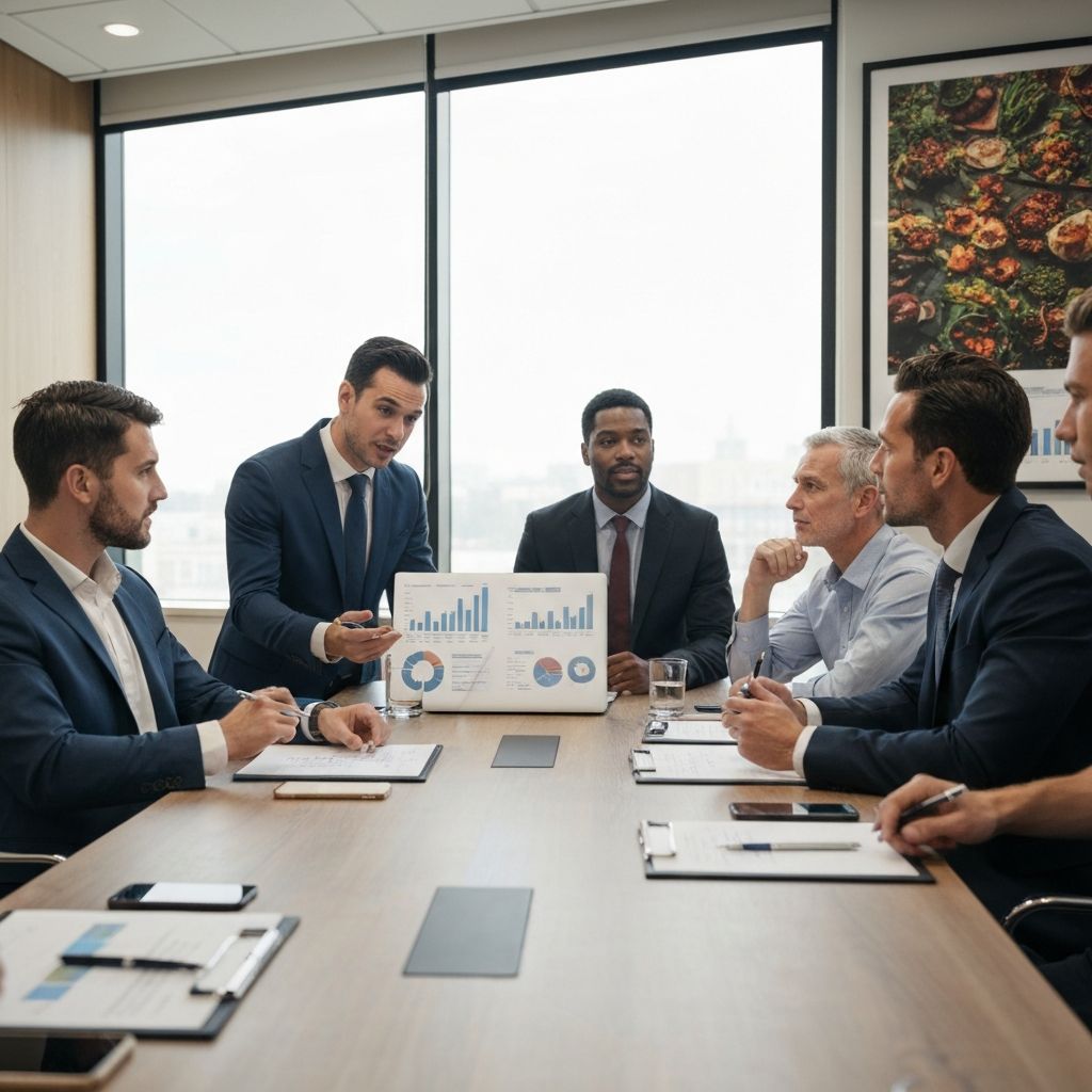 Equipo de consultores financieros en reunión estratégica con propietarios de restaurantes